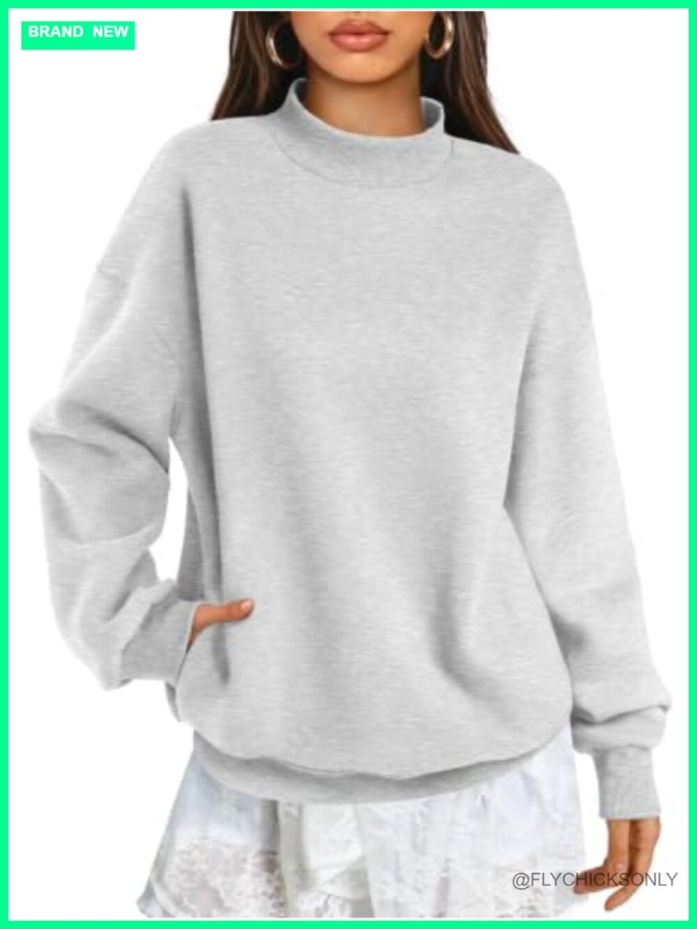Oversized Cotton Mock Neck Sweatshirt Pullover Fleece Lined With Pockets